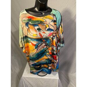 Dilemma Womens Plus Size 2X Abstract Tunic Silky Satin Short Sleeve Fun Light 20